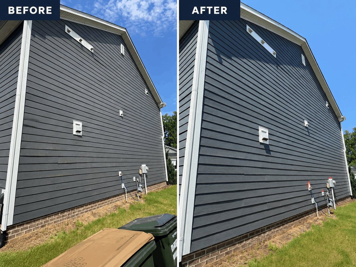 Before and after comparison of house exterior showing siding cleaning or replacement, with improved appearance on the right side
