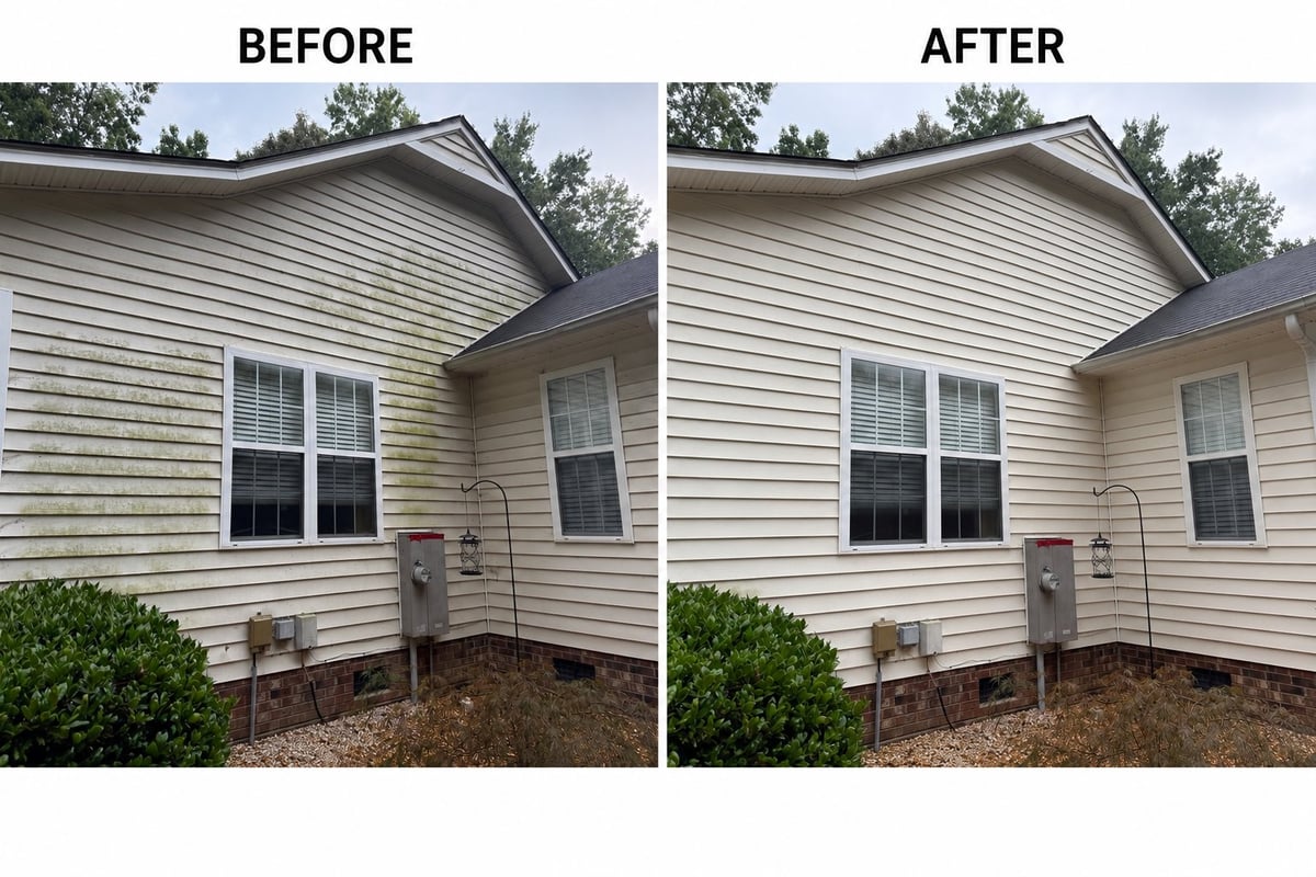 Before and after comparison of a house exterior, showing gutter cleaning results on the right side of the home.