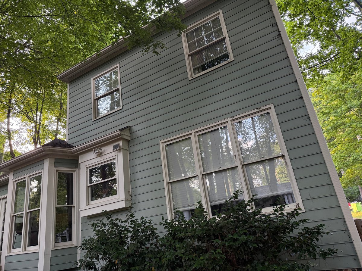 Gray two-story house with white-framed windows surrounded by green trees and ivy-covered base