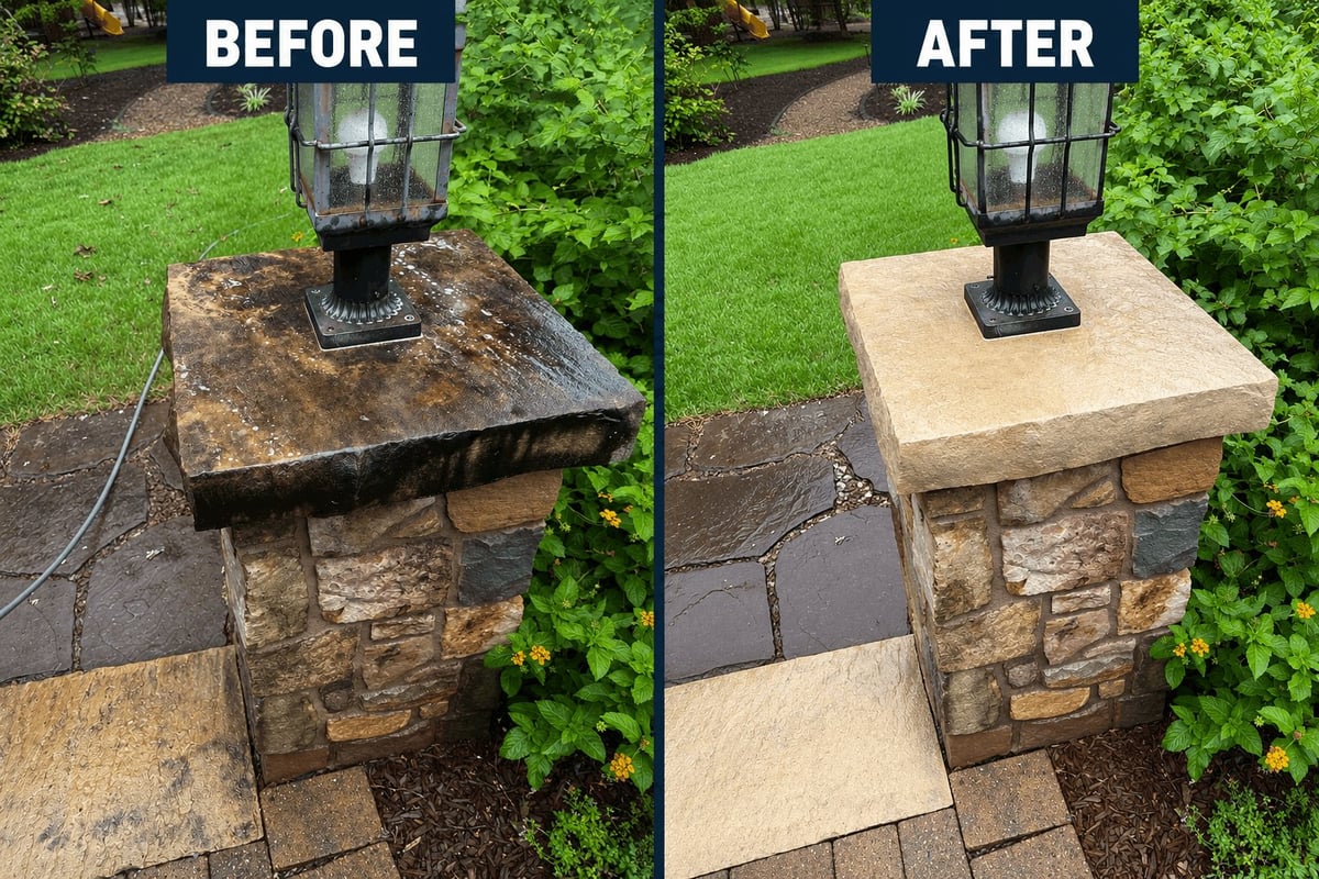 Before and after comparison of a stone pillar lamp post, showing cleaning results with darker weathered surface on left and lighter cleaned surface on right