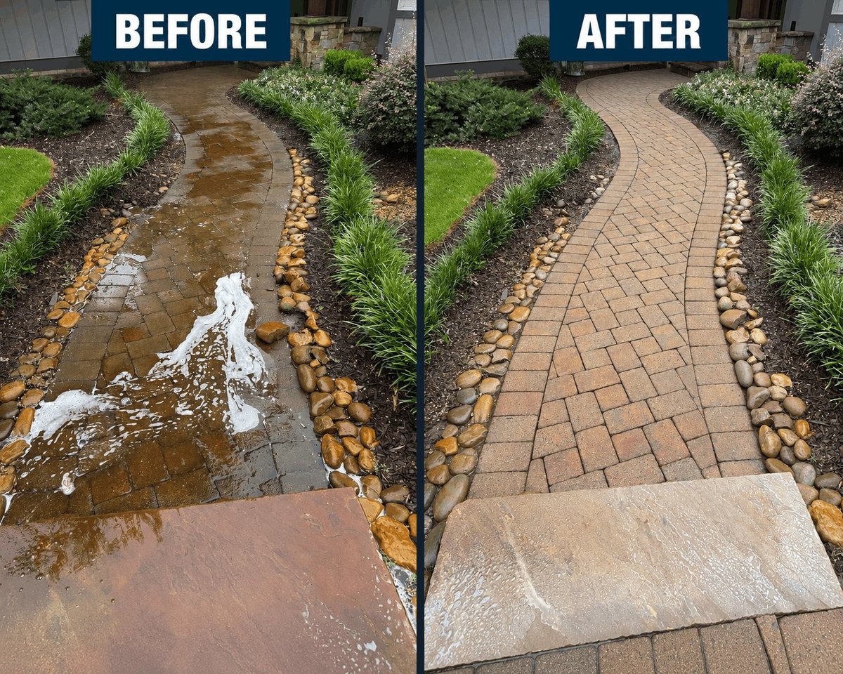 Before and after comparison of a residential drainage area with muddy water on left and paved brick walkway on right