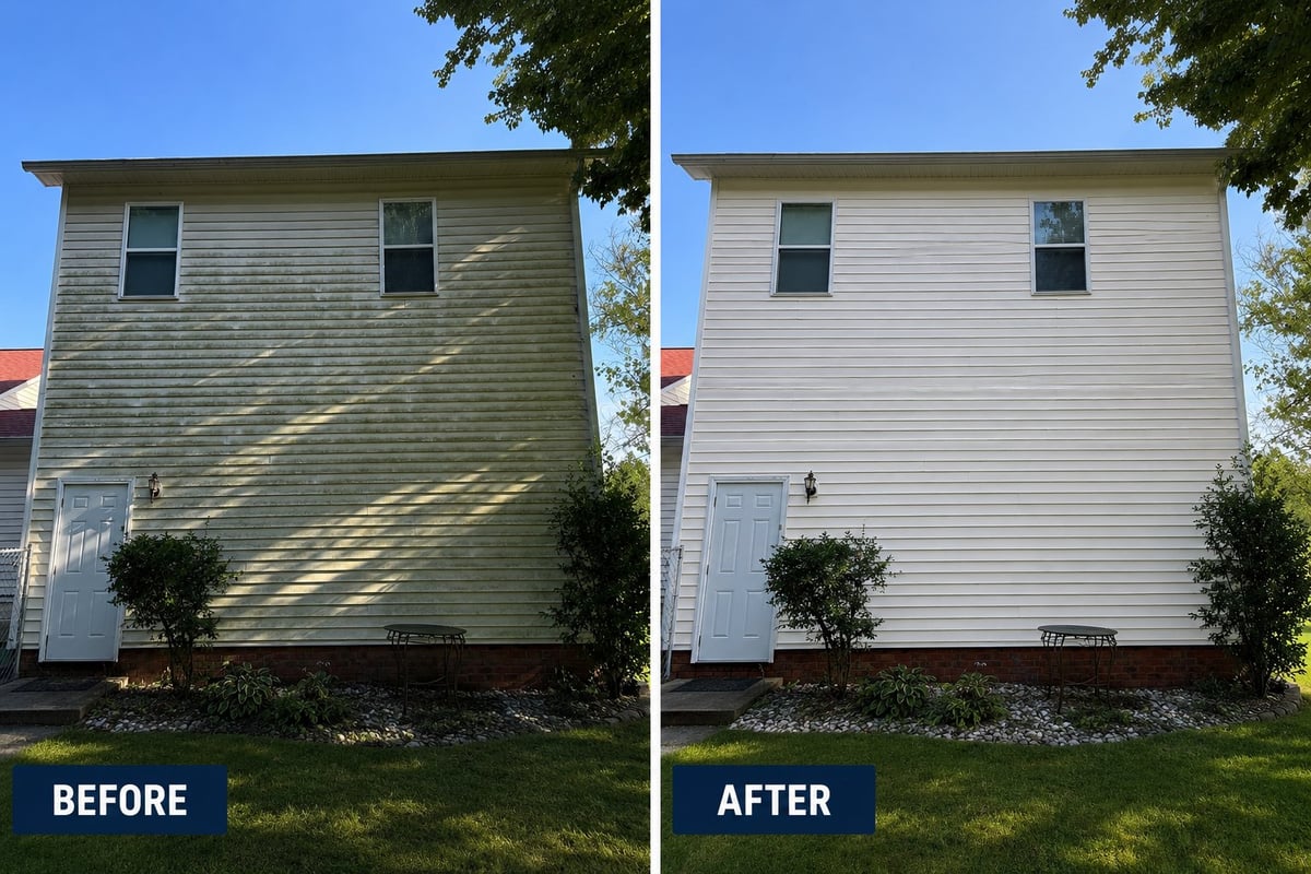 Before and after comparison of house siding cleaning and restoration showing yellowed weathered vinyl on left and brightened white siding on right