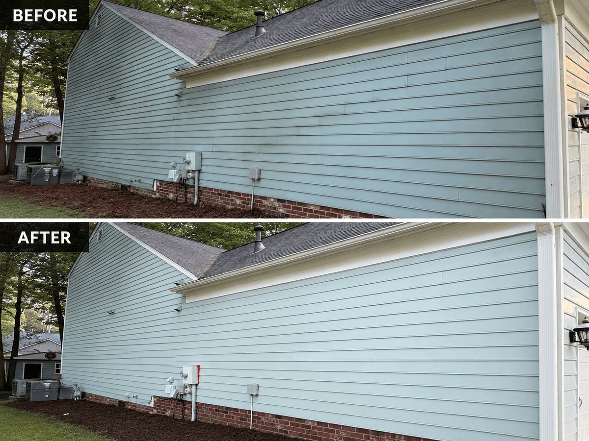 Before and after comparison of house exterior showing gutter and downspout cleaning or repair work on blue vinyl siding