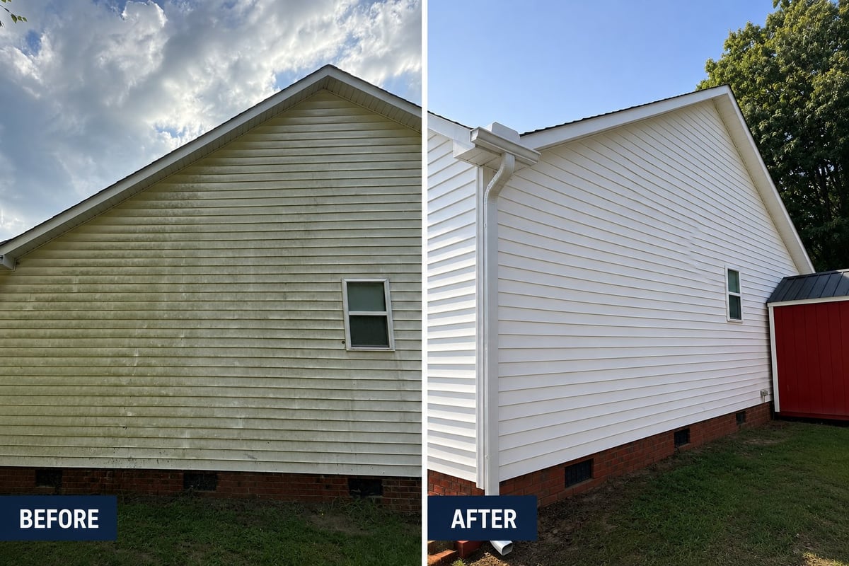 Before and after comparison of house exterior renovation showing weathered siding replaced with new white vinyl siding