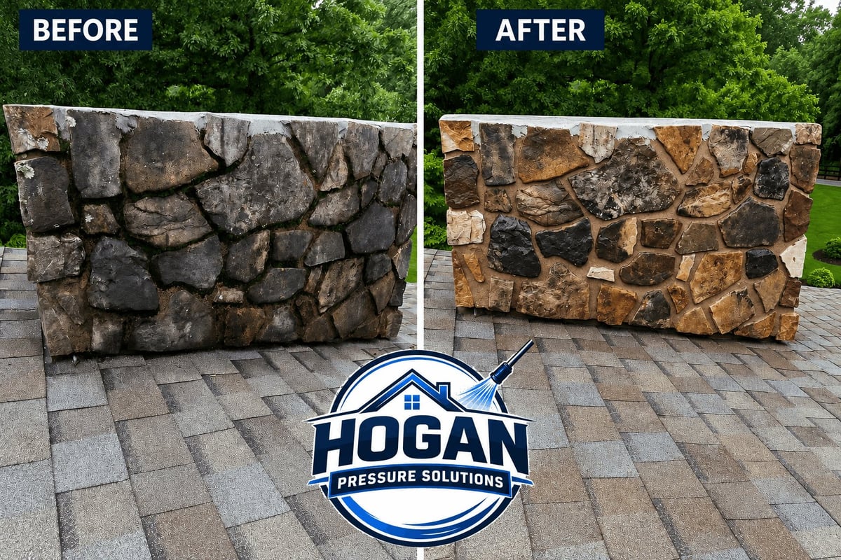 Before and after comparison of stone wall pressure washing by Hogan Pressure Solutions, showing dark dirty stones on left and clean bright stones on right