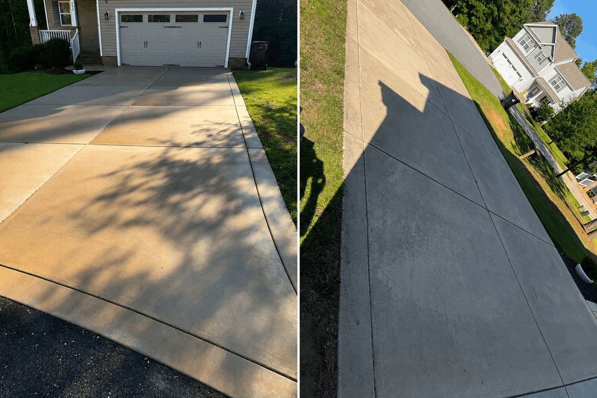 Before and after comparison of driveway cleaning and sealing, showing light concrete on left and dark sealed surface on right.