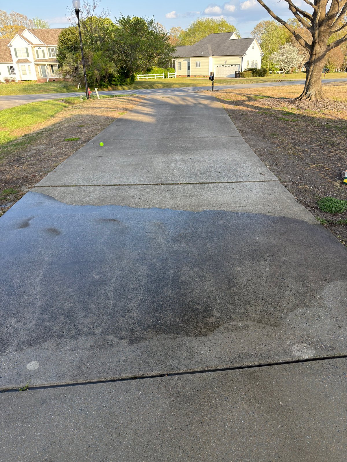 Wet driveway with puddles leading to a residential home surrounded by trees and green lawn