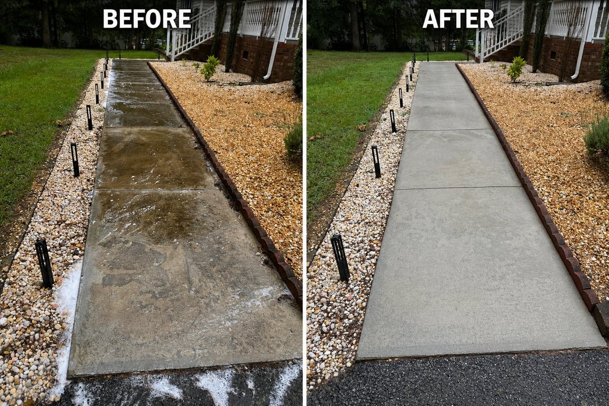 Before and after comparison of concrete walkway cleaning, showing dirty moss-covered path transformed to clean light gray surface